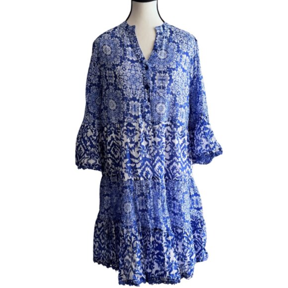 ORANGE FASHION VILLAGE, BEAUTIFUL BLUE/WHITE, BELL SLEEVE CROCHET TRIM DRESS - Picture 3 of 8